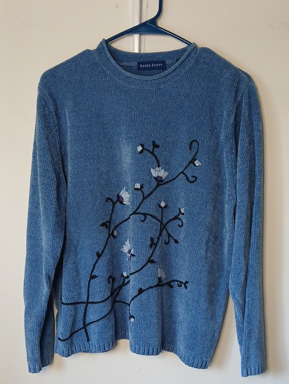 Vintage Karen Scott Dusty Blue Embroidered Crewneck Sweater XL